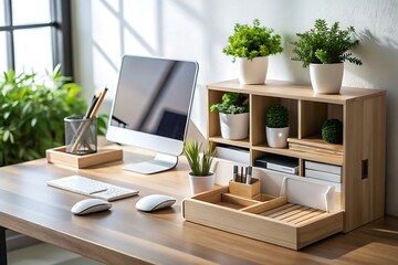 A well organized wooden desk with a computer, plants, and office supplies in a bright room setting