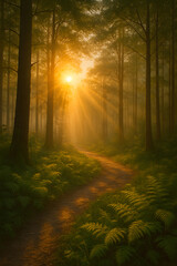 Fototapeta premium beautiful sunrise in the forest during the morning fog