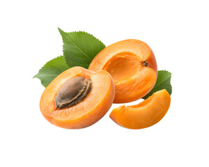 halved apricot with wedge slice on white background