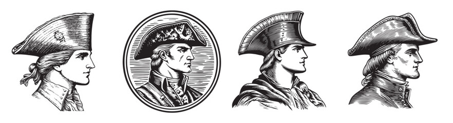 Historical Portraits of Various Military Hats in Vintage Style, set vector illustration
