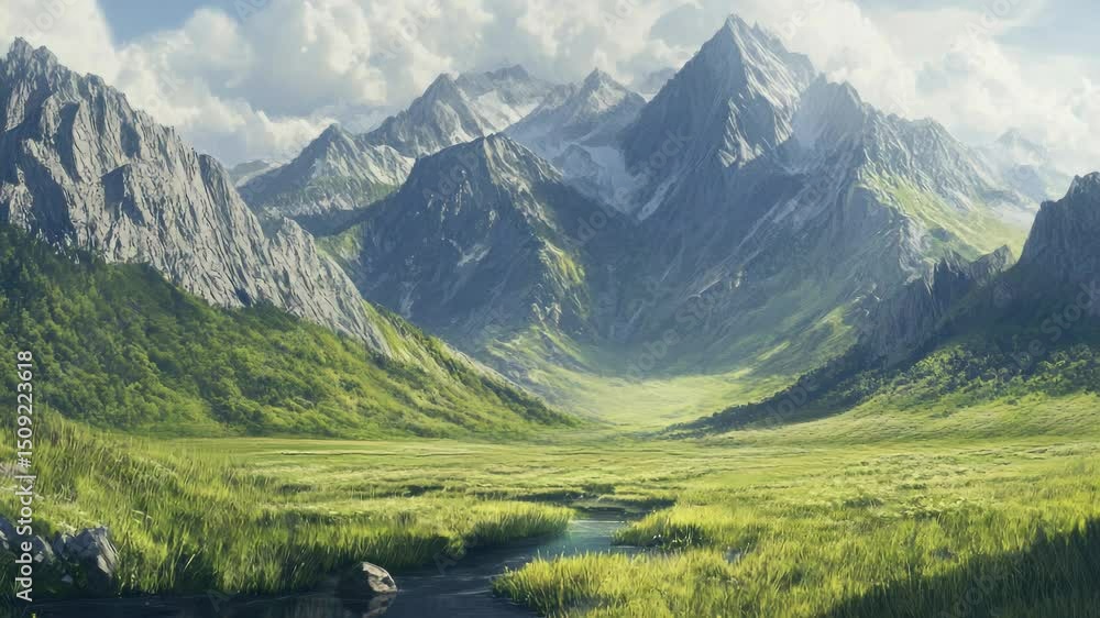 Poster a serene mountain valley scene featuring a small stream flowing through it, surrounded by lush green