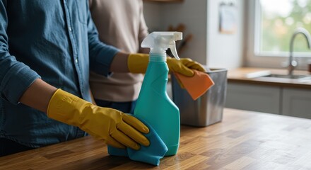 Couple Cleaning Kitchen Counter with Spray Bottle and Gloves
