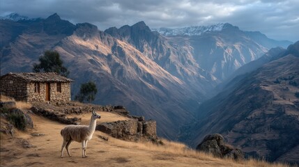 Llama overlooks the high-altitude village in the Andes mountains of Peru