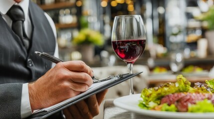 Waiter takes order from guest at restaurant table in bright setting