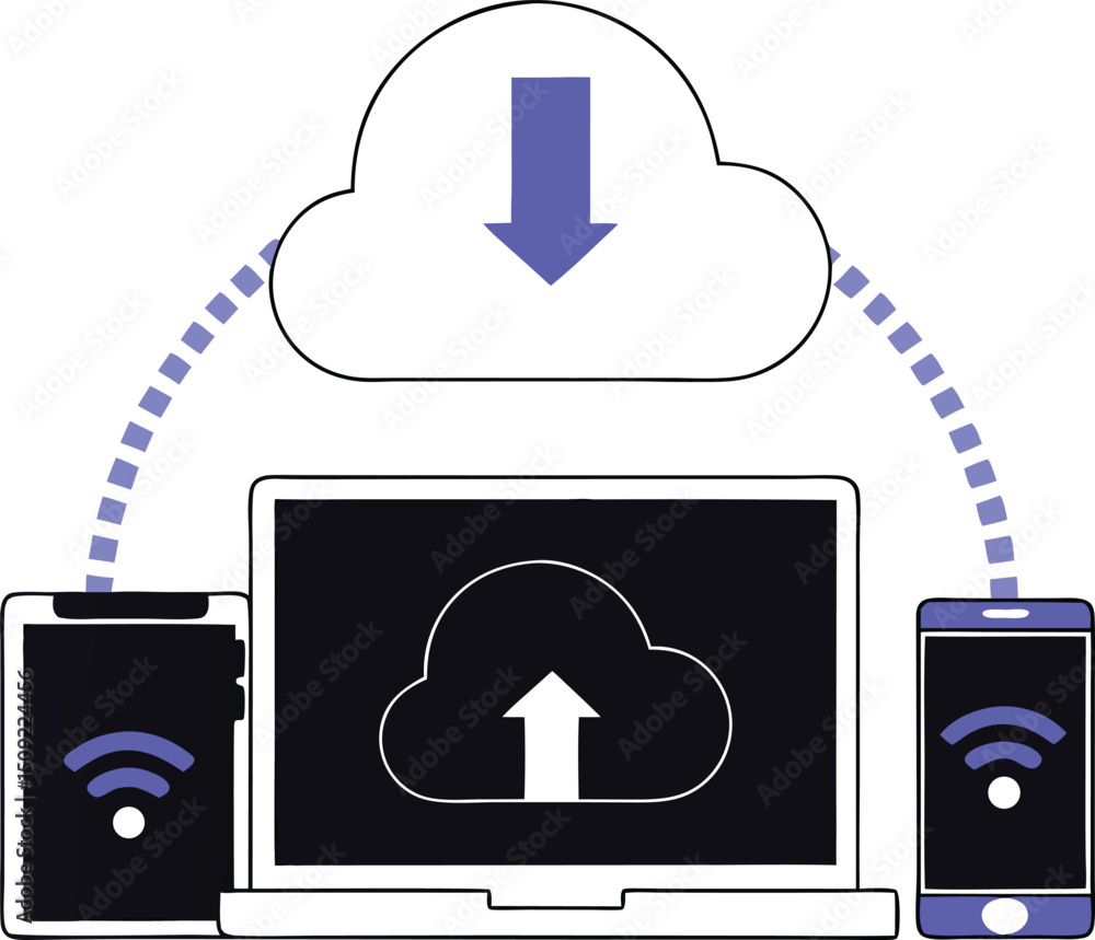 Poster modern illustration depicting cloud computing and device data transfer
