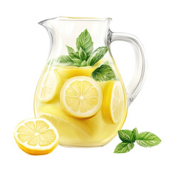 Lemonade With Mint Leaves Glass Pitcher  isolated on a transparent background