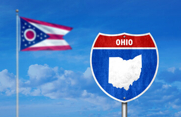 Interstate sign with flag of US State of Ohio