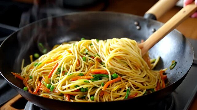 Vegetable Hakka noodles being stir-fried in a cast iron wok, captured mid-action