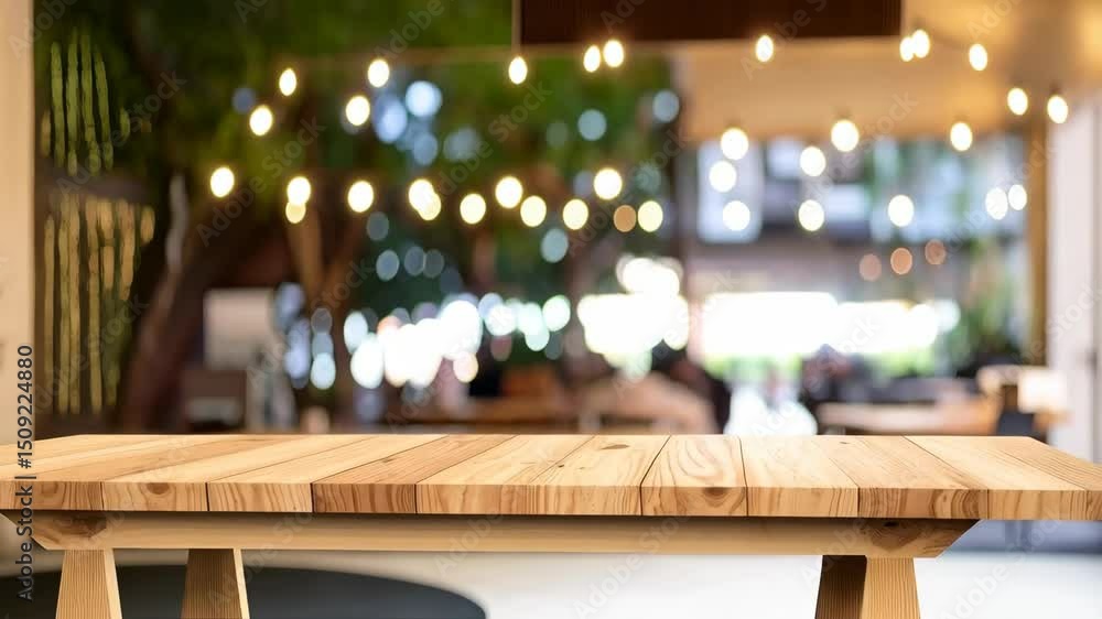 Aufkleber empty wooden table top with blurred cafe background for product display. abstract lights create ambi