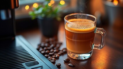 A smart coffee maker brewing coffee automatically in the morning machine, closeup, food, italian