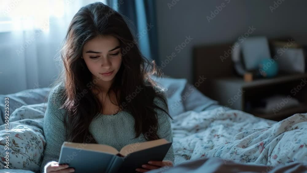 Poster a person relaxing with a book in a cozy bedroom setting, suitable for use in educational or lifestyl