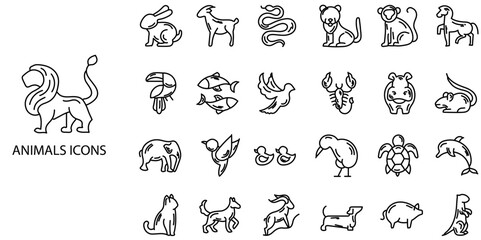 Fototapeta premium Animals simple concept 24 hand drawn icons set .Vector illustration. 