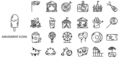Amusement Park simple concept 24 hand drawn icons set .Vector illustration.	