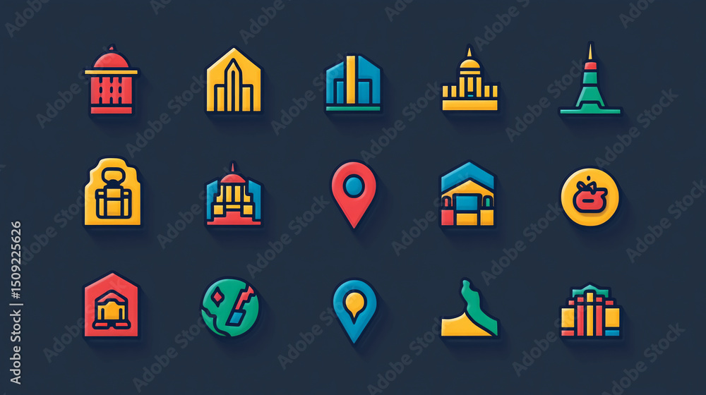 Poster colorful collection of landmark building icons travel location markers globe navigation app design e
