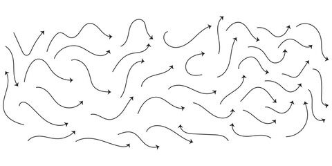 arrow sketches collection, hand drawn doodle style pointers, curved line, round swirls, black brush stroke