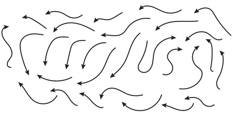 arrow sketches collection, hand drawn doodle style pointers, curved line, round swirls, black brush stroke