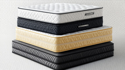 Discover luxurious comfort with this stack of premium mattresses showcasing various colors and textures ideal for bedroom design inspiration and home decor projects featuring stylish bedding choices.