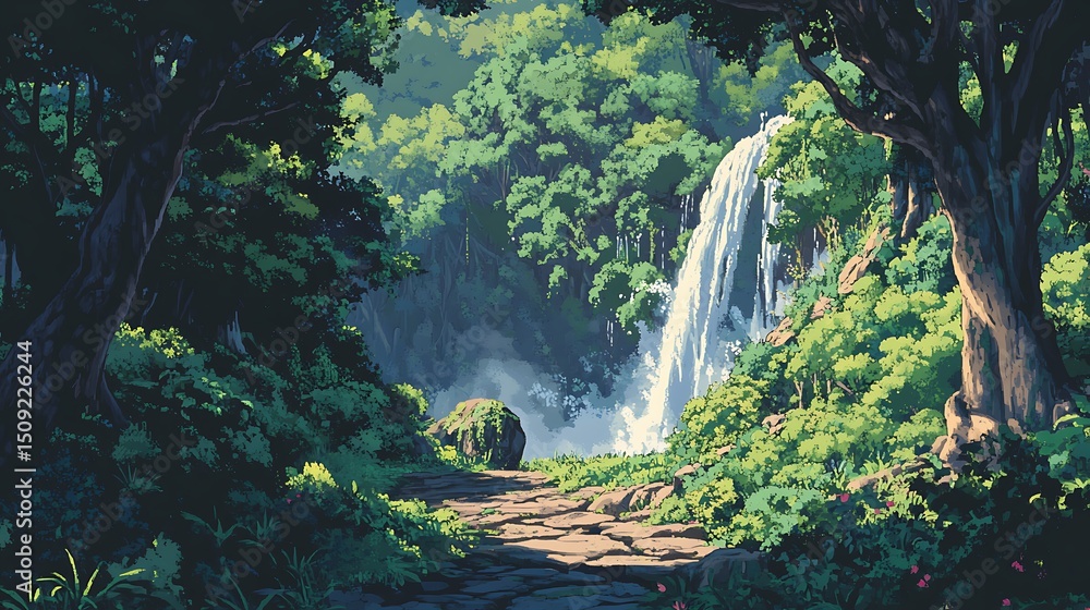 Poster a dense forest with a winding path leading to a hidden waterfall