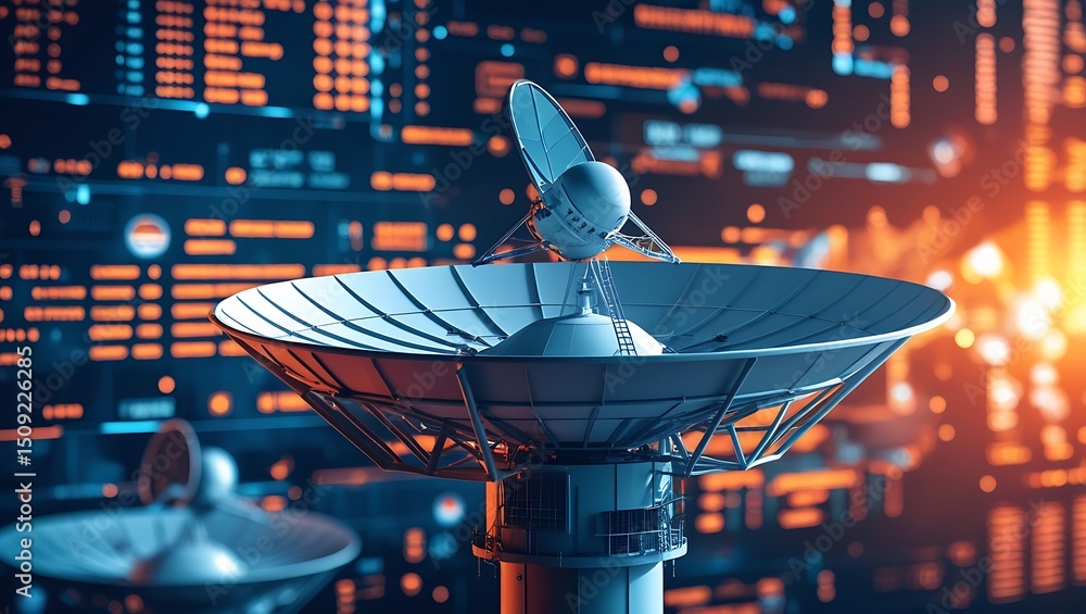 Wall mural futuristic satellite dish array transmitting digital data in cyberspace