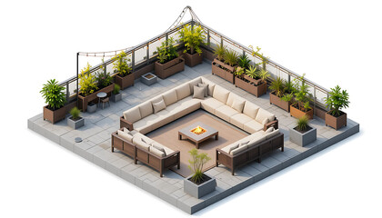 Isometric view of urban rooftop lounge interior with sectional sofas, string lights, and planter boxes, white transparent background.
