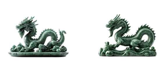 Two jade dragon figurines, lucky oriental mascot, cut out transparent