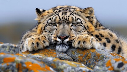 Obraz premium Snow leopard skillfully perched on a rocky ledge, highlighting its stunning natural beauty and grace