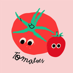 Fresh big and small juicy tomatoes. Red tomatoes, cherry tomatoes. Cute characters with eyes. Hand drawn modern Vector illustration. Isolated design element. Healthy, natural food concept