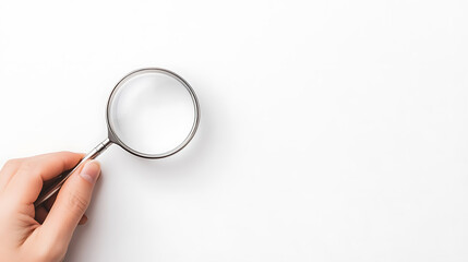 A Hand holding a magnifying glass against a white background, symbolising research, search, and discovery. Emphasizing vision, inspection and clarity.