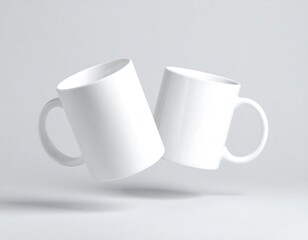 Fototapeta premium Two blank white mugs hover against a light gray background
