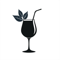 Refreshing cocktail drink glass with leaves and straw