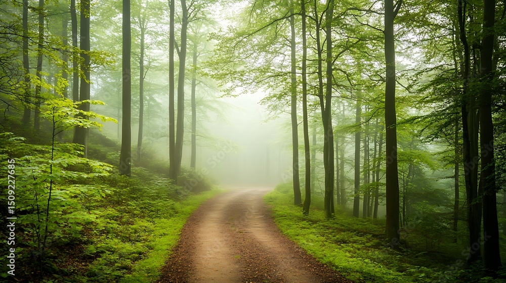 Poster a dense, misty forest with a path leading into the unknown