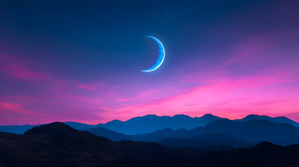 Pixel Crescent Moon Over Pink Sunset Mountains