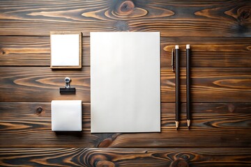Overhead view of blank paper notepad pens and clip on dark wood textured background surface flat lay design