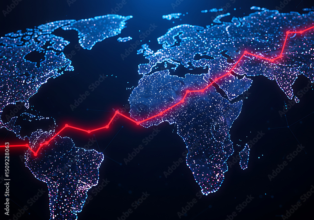 Aufkleber global network data visualization with rising red trend line - business technology concept