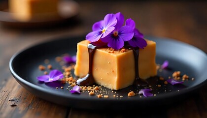 Peanut Butter Dessert Cubes

Cubed Peanut Butter Treat

Peanut Butter Dessert with Flowers

Pansies Garnished Peanut Dessert

