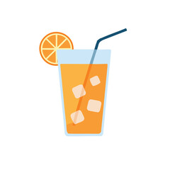 Refreshing orange juice drink with ice cubes and straw