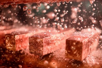 Water splashes around copper bars as they are immersed during a metal processing operation inside a factory. Bubbles rise, creating a striking visual effect that highlights the activity