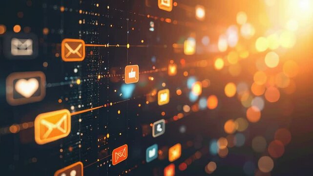 Glowing social media network grid with bokeh and icon connections - Powered by Adobe