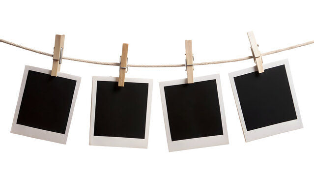 Four Blank Instant Photo Frames Hanging on a Rope – Minimal Wall Display for Memories, Mockups, or Scrapbook Design