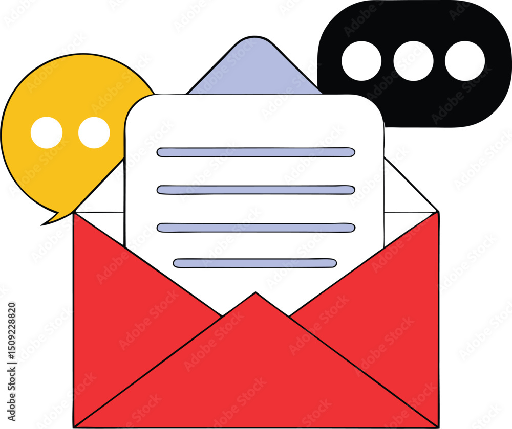 Poster vector illustration of email envelope, speech bubble and message dots on transparency