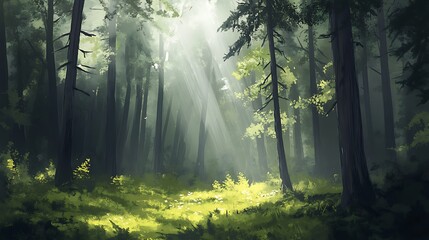 Obraz premium A dense pine forest with sunlight streaming through the canopy 