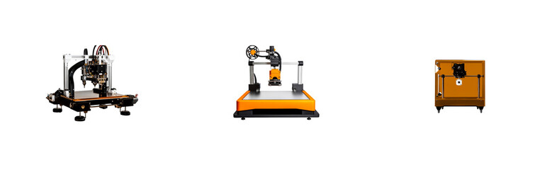 Three industrial machines, manufacturing processes, automation, cut out transparent