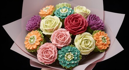 Exquisite Floral Cupcake Bouquet: A Symphony of Colors and Flavors, Artistic Pastry Design, Sweet Treat, Celebration, Gourmet Dessert, Bakery Masterpiece, Food Photography