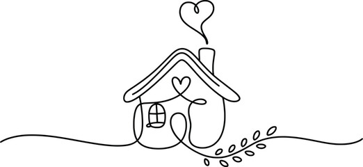 Heartwarming Minimalist House with Love and Nature, One Line Home Drawing.