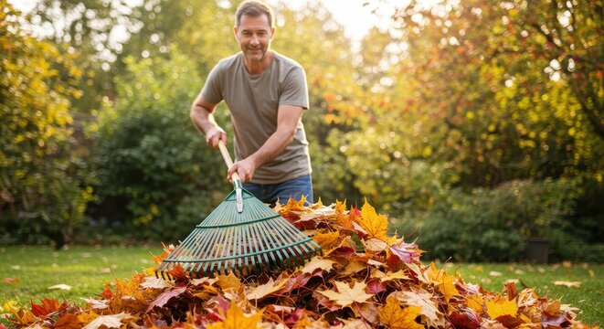Autumnal Yard Work: Man Raking Leaves in a Sunny Garden