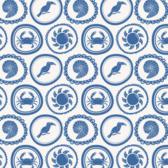 Marine pattern with crab, sun, toucan and shells. Summer background in retro style.
