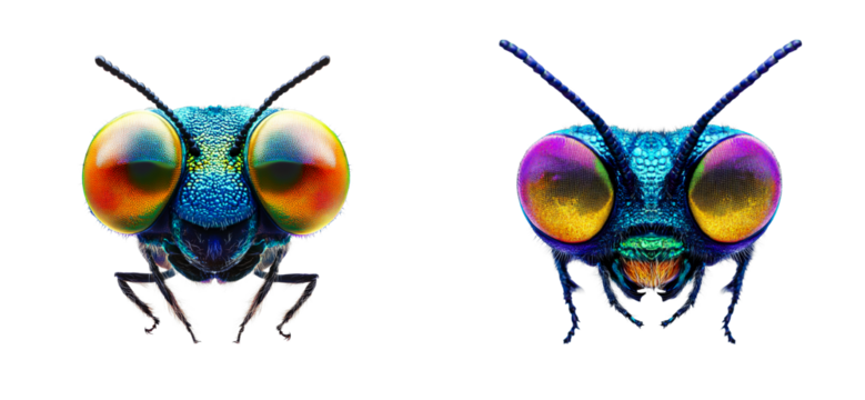 Jewel Wasp extreme close up, insect head, iridescent colors, cut out transparent