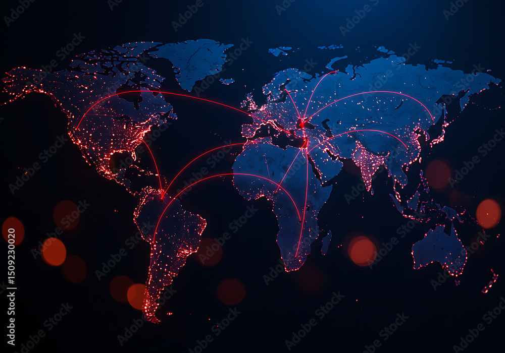 Poster global network world map with connected illuminated cities and red lines digital concept