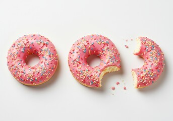 Three pink frosted donuts with colorful sprinkles on a white background flat lay food photography