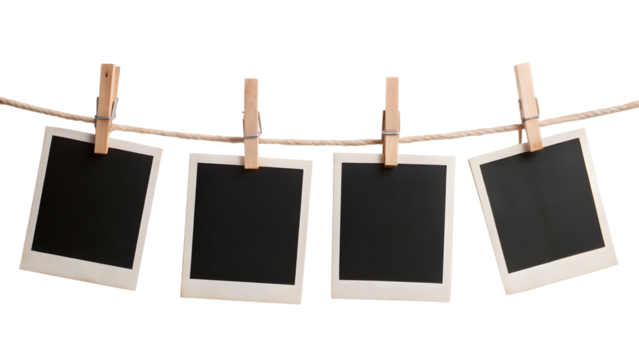 Four Blank Instant Photo Frames Hanging on a Rope – Minimal Wall Display for Memories, Mockups, or Scrapbook Design